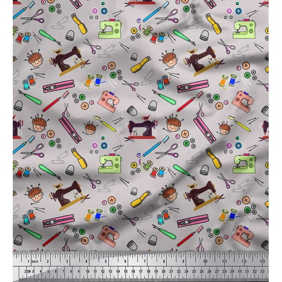 Soimoi Velvet Fabric Scissor,Buttons & Machine Sewing Print Sewing Fabric Yard 58 Inch Wide