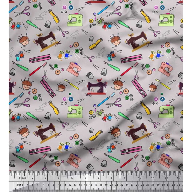 Soimoi Georgette Viscose Fabric Scissor,Buttons & Machine Sewing Fabric Prints by Yard 42 Inch Wide