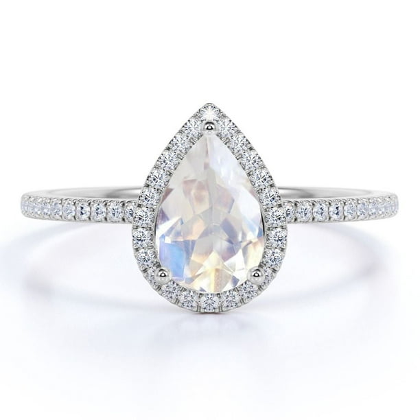 JeenMata Anillo de Compromiso de 1 Quilate con Halo de Moissanita y Piedra Lunar Azul en Forma de Lágrima en Oro Blanco de 18 K sobre Plata