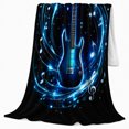 thumbnail image 2 of Blue Electric Guitar with Music Notes, Energetic Graphic Style for Guitar Lovers, Neon Sound Swirl and Father's Day Gift, Cozy Flannel Blanket for Music Room and Bedroom, Home Decor, 2 of 8