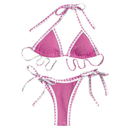 JIANJIA Womens Swimsuits Summer Solid Color Lace Up Halter Brassiere With Thongs Beach Swimsuit Two Piece Bikinis Swimwears Activewear Red L