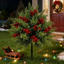 Artificial Cedar Topiary Ball Trees & Bushes With Red Berries, Uv Resistant Fake Plants With Ground Spike For Outdoor Indoor Christmas Front Door Porch Decorations 1 Set