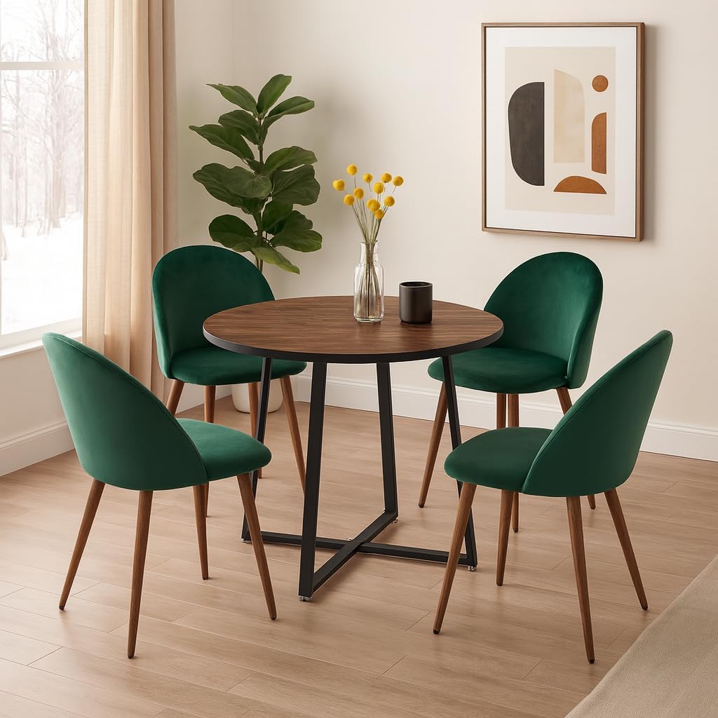 Anchorhome Modern Velvet Dining Chairs Set of 4, Upholstered Accent Side Chairs with Curved Backrest and Wooden Legs, Contemporary Kitchen & Dining Room Furniture, Green