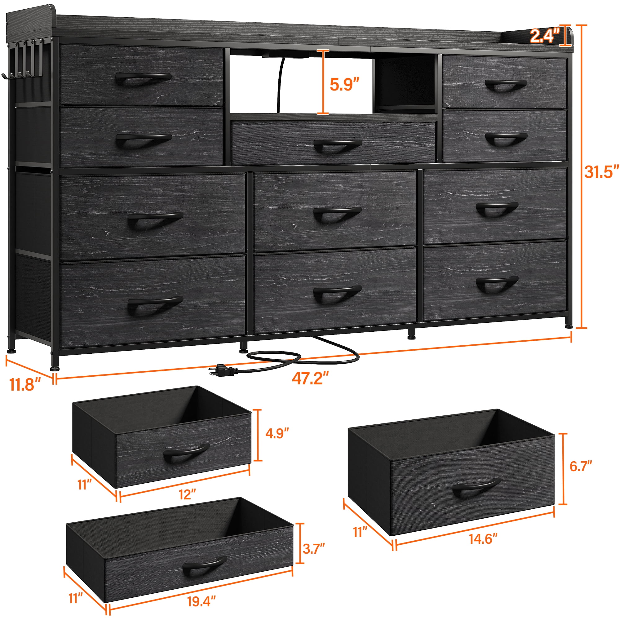 EnHomee Black Dresser with 11 Drawers Dressers for Bedroom TV Stand for 55" TV LED TV Stand with Charging Station Long Dresser with Shelves&4 Hooks,Black
