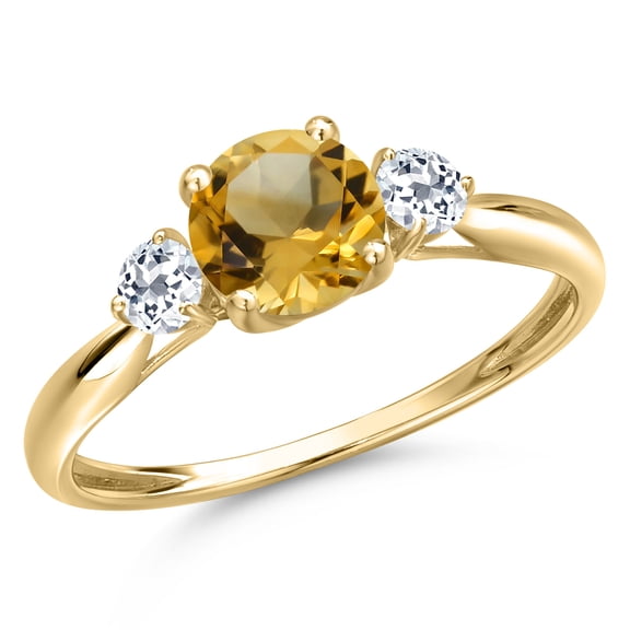 Gem Stone King 10K Yellow Gold Yellow Citrine and White Topaz 3-Stone Ring for Women | 1.08 Cttw | Round 6MM | Gemstone November Birthstone | Size 8