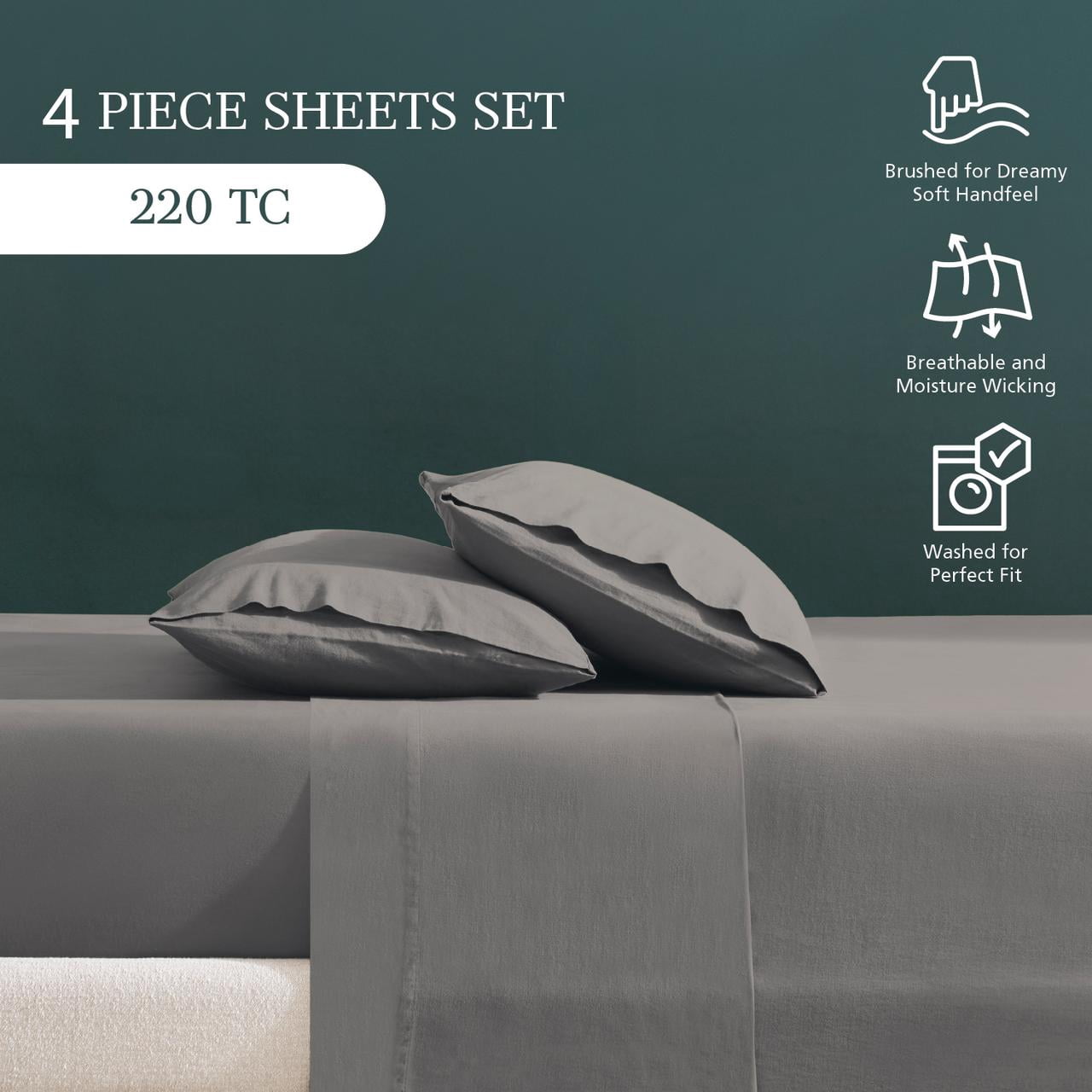 Mainstays 100% Cotton Dreamy Soft 4-Piece Bed Sheet Set, 220 Thread Count Brushed and Washed Sateen, Deep Pocket, King, Soothing Grey