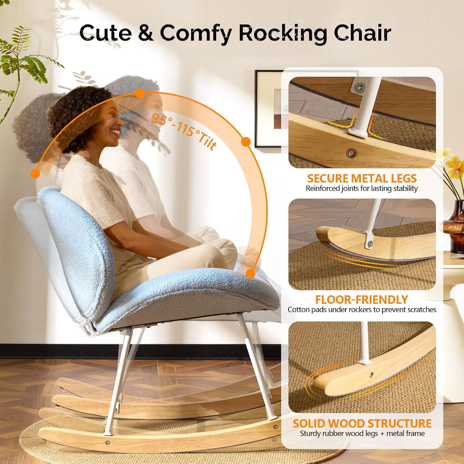 JFTER 25.6" Extra Wide Criss Cross Nursery Rocking Chair,Cute Curved 115° Reclining Armless Glider,Teddy Small Rocker w/Pillow & Solid Wood for Indoor,Bedroom, Living Room,Teddy Fleece,Sky Blue