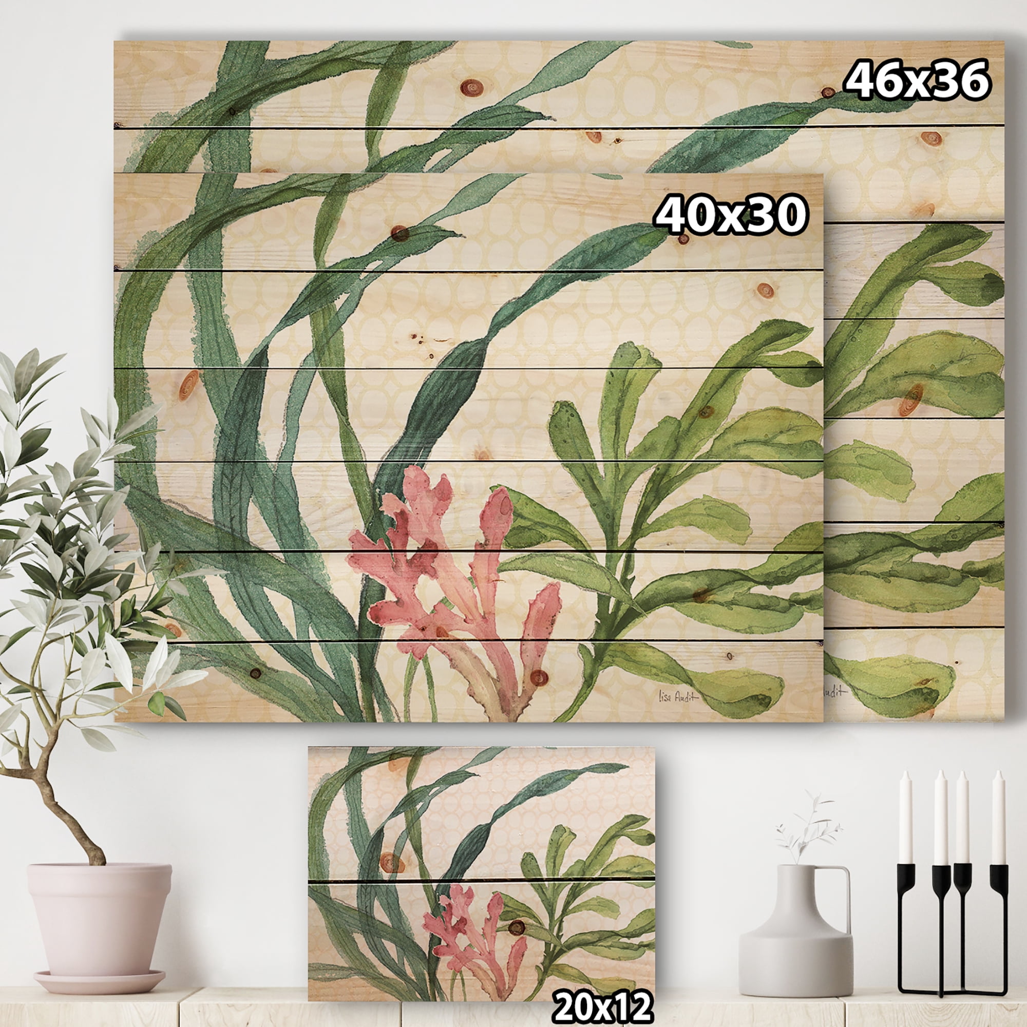 Designart 'Mixed Botanical Green Leaves IIII' Farmhouse Print on Natural Pine Wood