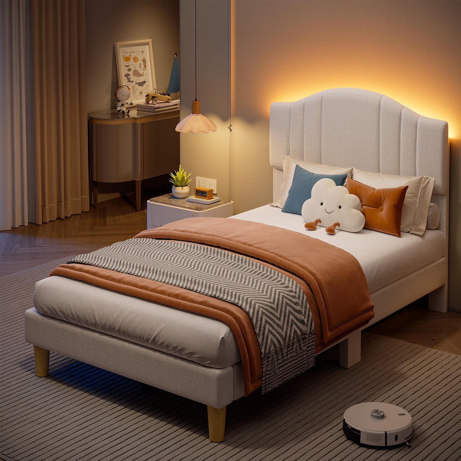 Pinmoco Twin Upholstered Bed Frame with Adjustable Arc-shaped Headboard, LED Platform Bed, Fabric Beige