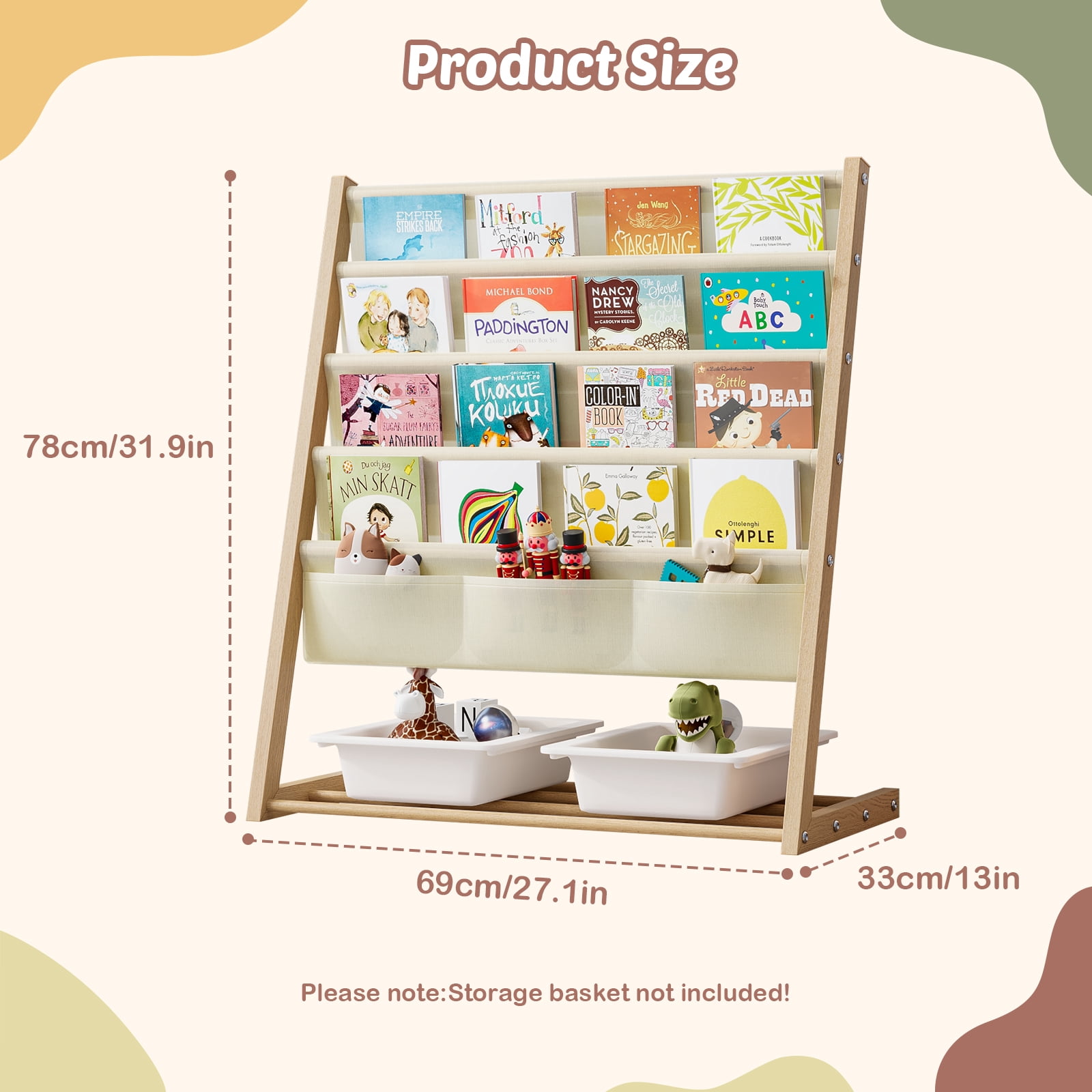 Bookcase, Bookshelf 4 Sling Book Rack Book Display with Storage Classroom Bookshelf 4 Tier Beige