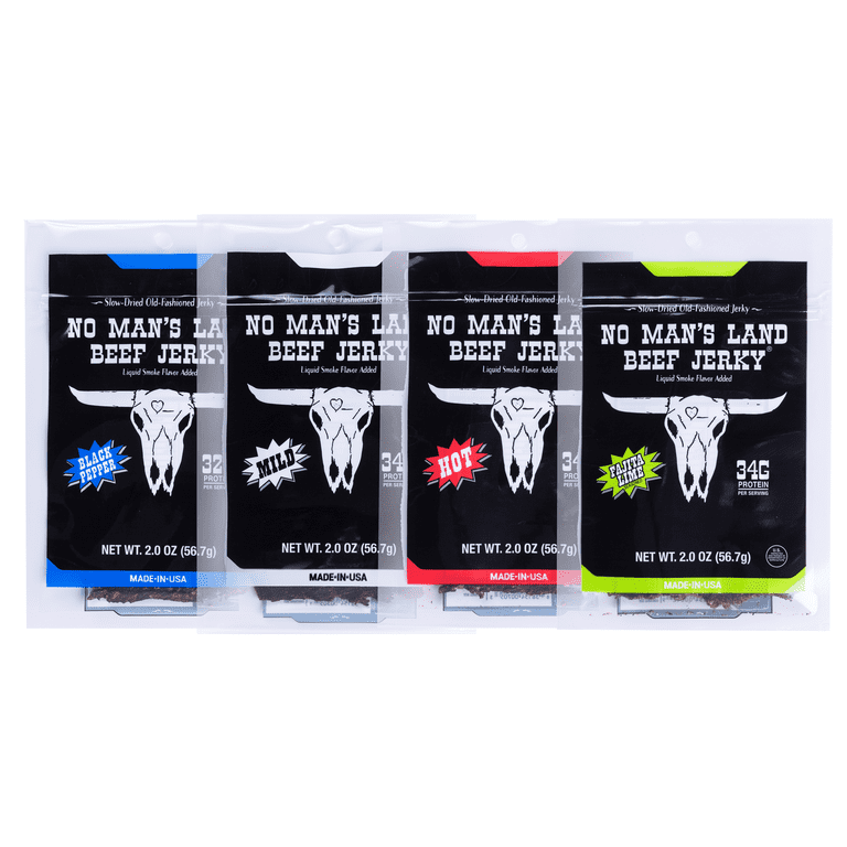 No Mans Land Beef Jerky, Hot Flavor, 17g Protein, 2oz Bag, Slow