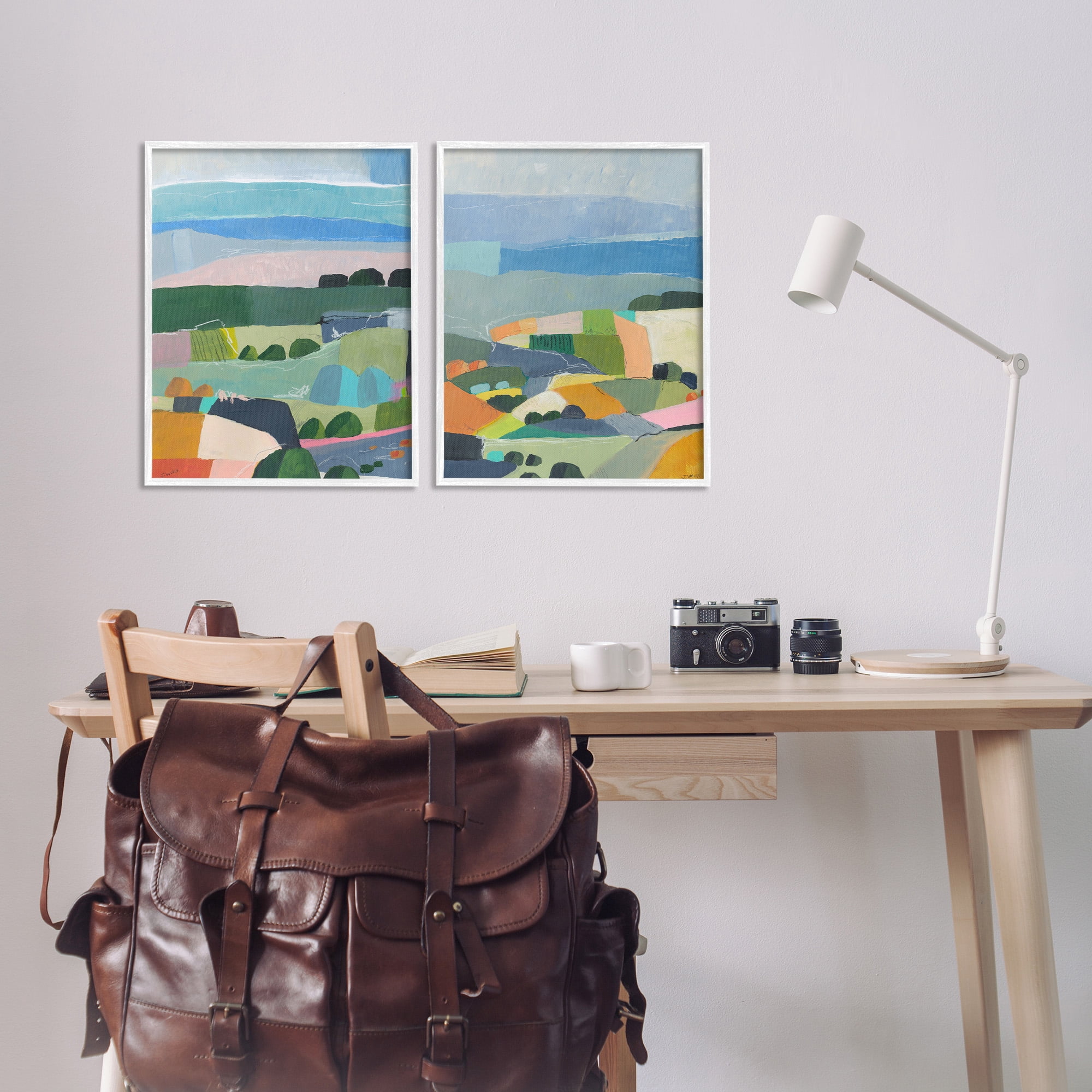 Stupell Industries Modern Farmland & River Landscape Painting White Framed Art Print Wall Art, 16 x 20, Set of 2