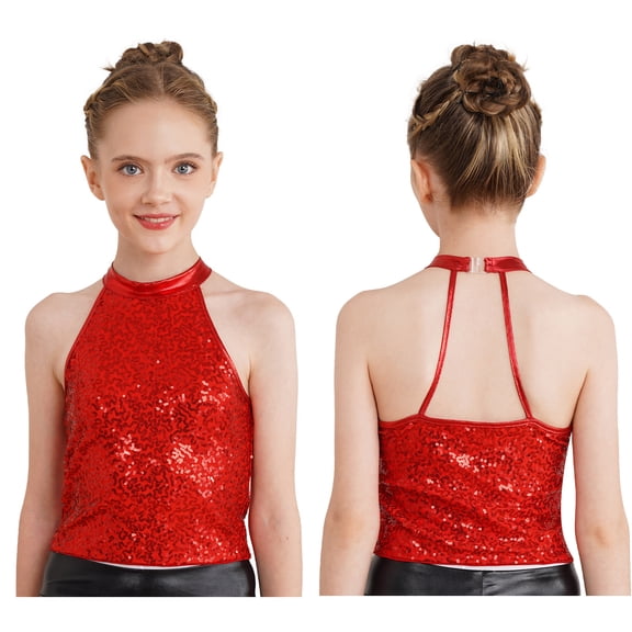 iiniim Girl's Glitter Sequins Jazz Ballet Hip Hop Tank Top Sleeveless Halter Neck Vest Dancewear Red 6
