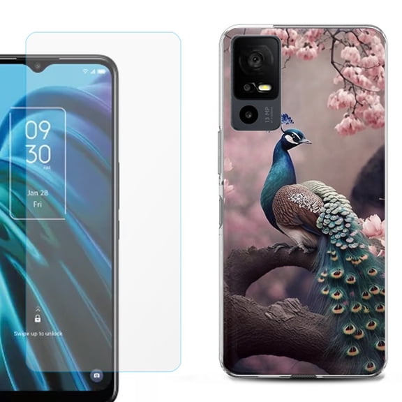 OneToughShield ® for TCL 40 XE 5G Shockproof Fashion Phone Case, with Tempered Glass Screen Protector - Peacock Flower