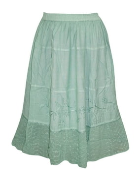 Mogul Women's Skirt A-Line Green Embroidered Boho Chic Skirts