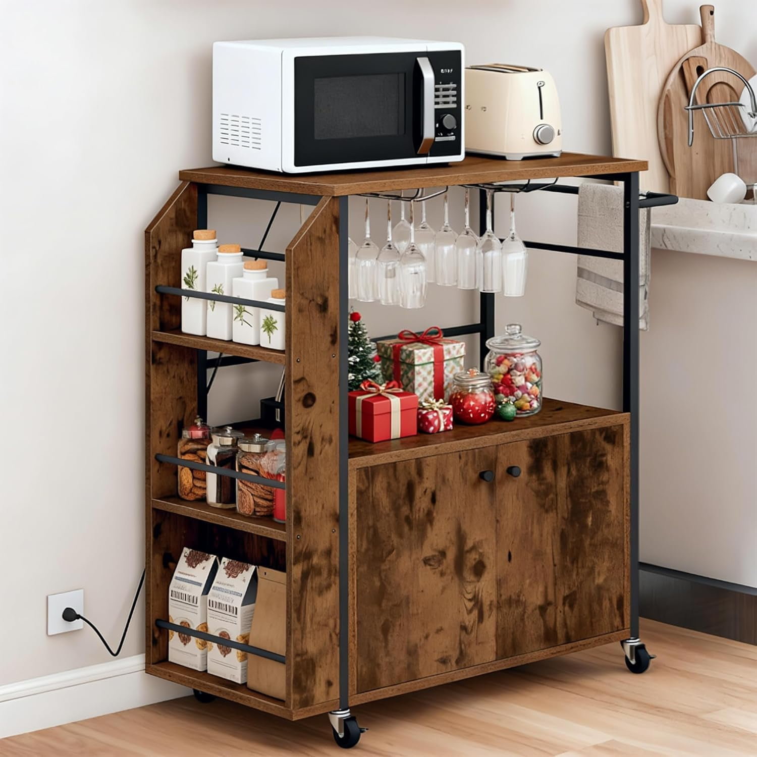 Kitchen Island Cart with Power Outlet, 36 Inch Mobile Kitchen Cart with Open Shelves, Rolling Portable Serving Utility Carts on Wheels with Storage for Kitchen, Dining Room, Brown