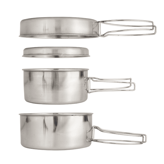 4-Piece Stainless Steel Camping Cookware Set, Portable Nesting Pots and Frying Pan with Folding Handles, Compact Outdoor Cooking Set for 2-3 People, Hiking Backpacking Picnic Gear, Silver