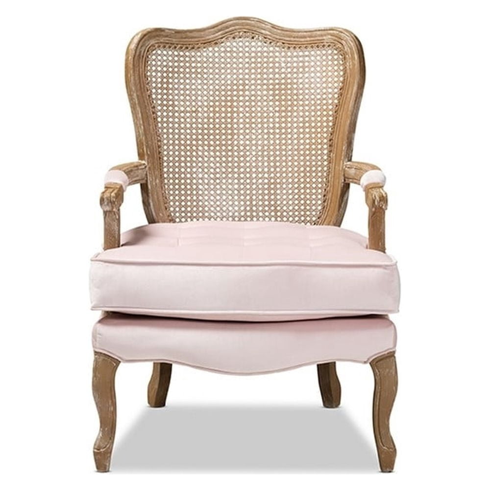 Baxton Studio Vallea Traditional French Provincial Light Pink Velvet Fabric Upholstered White-Washed Oak Wood Armchair
