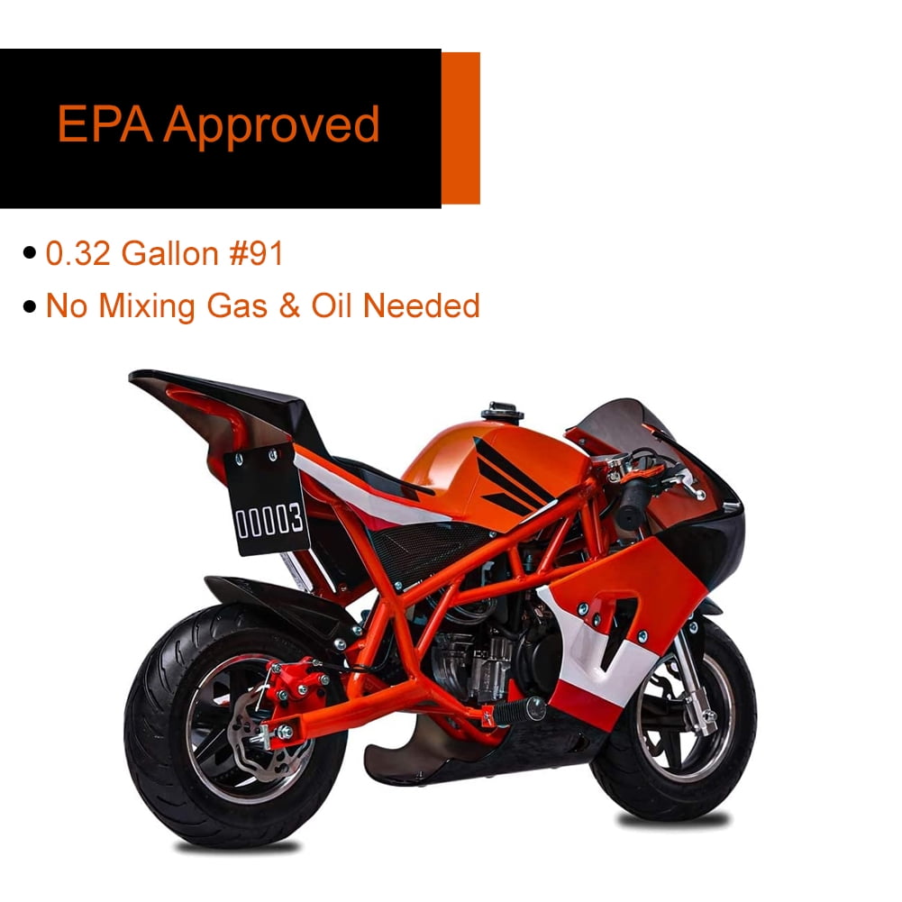 FRP 4 Stroke Pocket Bike 03, Pocket Bike for Kids W/ Strong Dual Brake, Realistic Racing Pocket Rocket Max Speed 20 Mph, Mini Bike Max Weight 165 LB-Ultra Edition, Orange