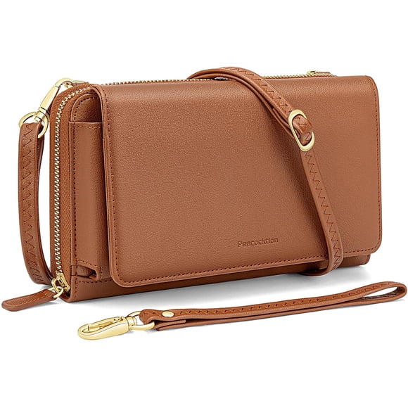 Cartera de pulsera y bandolera de piel marrón pavo real