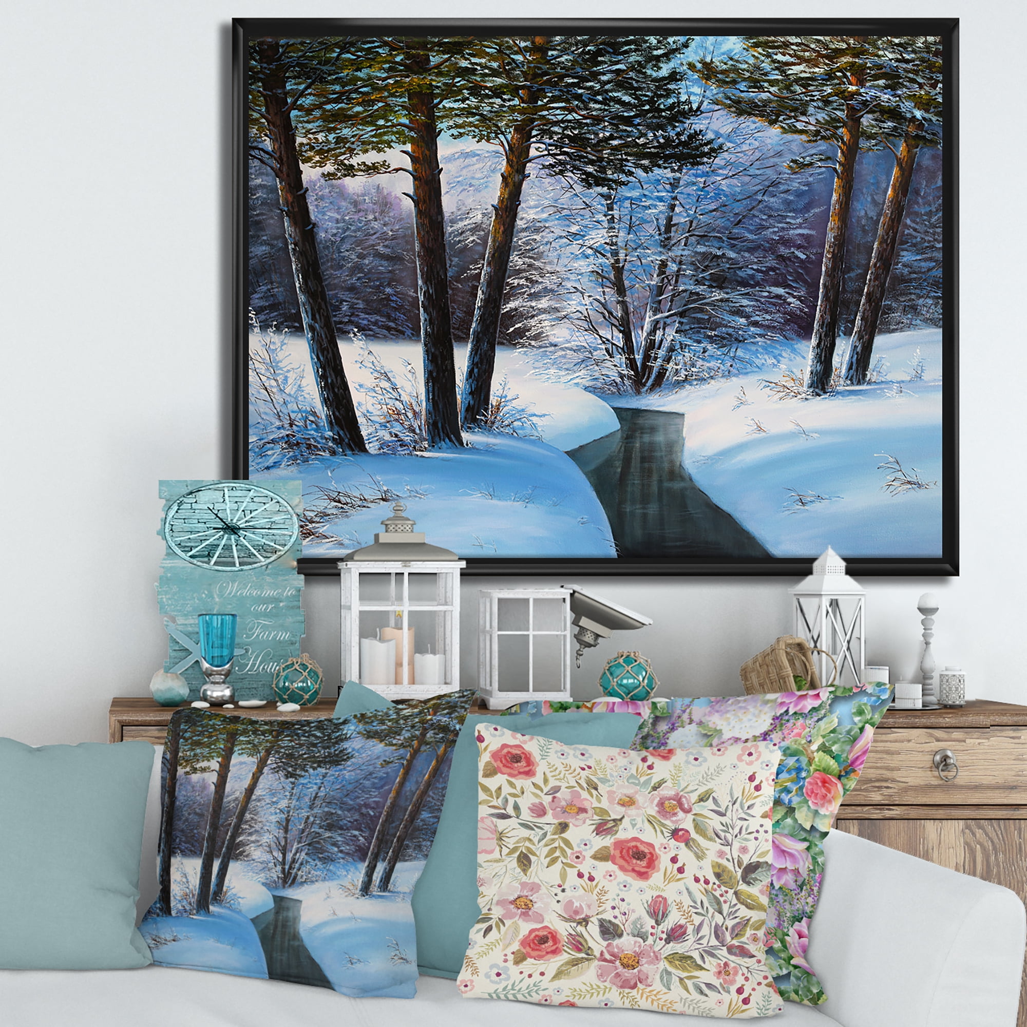 Designart 'Christmas Forest With Trees and River III' Traditional Framed Canvas Wall Art Print