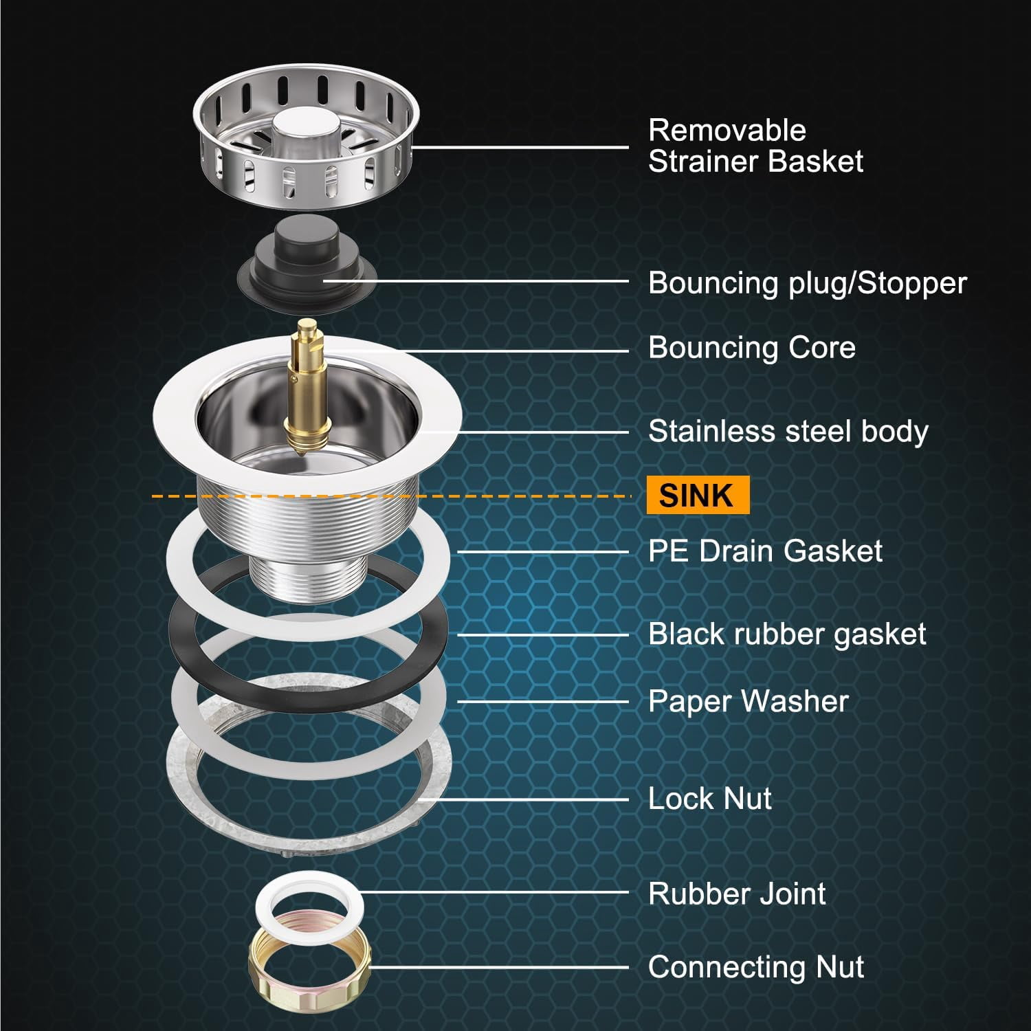 3-1/2 inch Pop Up Kitchen Sink Drain Strainer Assembly 304 Stainless Steel with Removable Strainer Basket Stopper, Polish