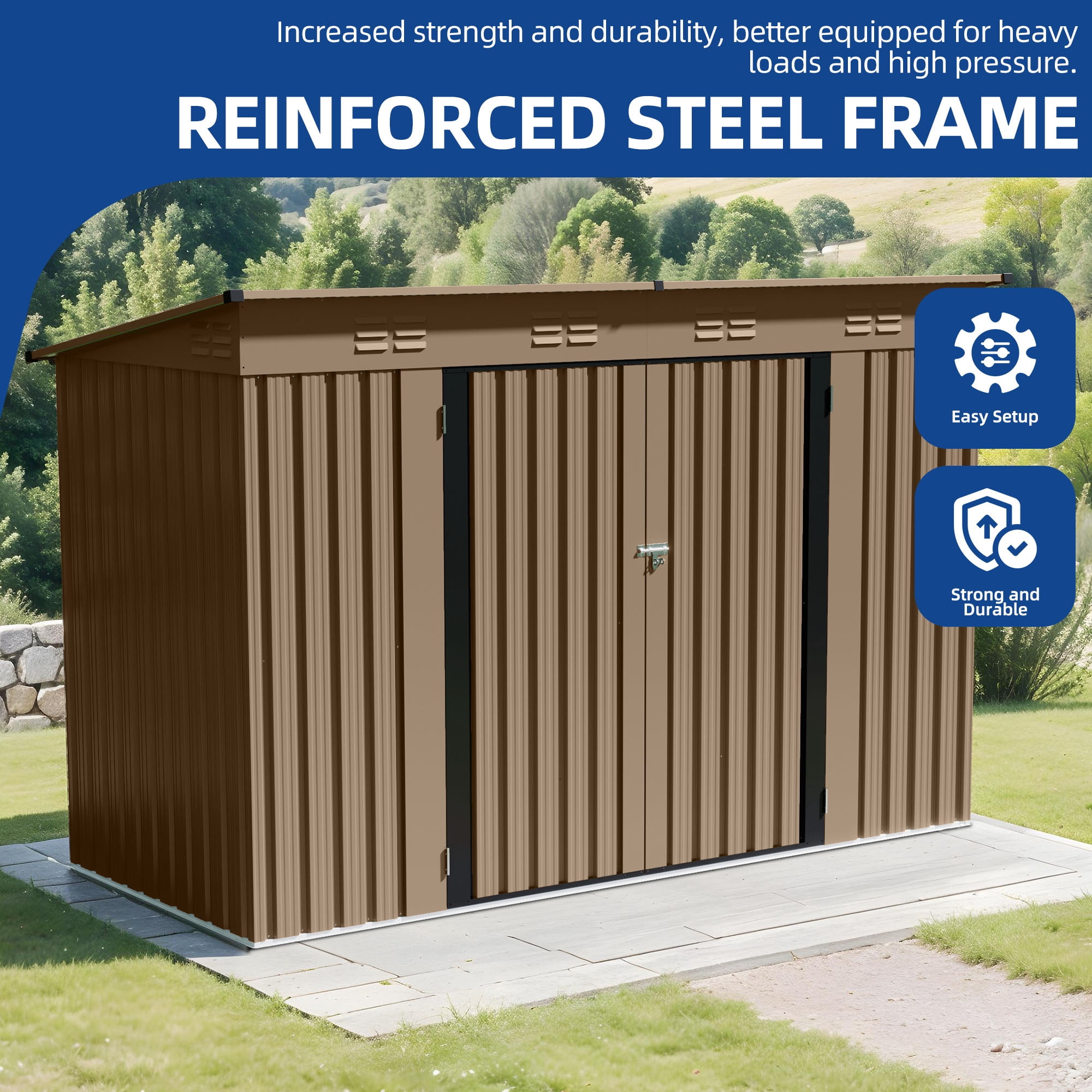 Uforic Oversized Steel Storage Shed with Ventilation, Lockable Doors, and Sloped Roof for Outdoor, Brown