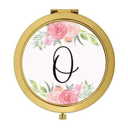 Mirror Perch - Andaz Press Compact Mirror Bridesmaid's Wedding Gift, Gold, Monogram Letter O, Peach and Pink Roses, 1-Pack