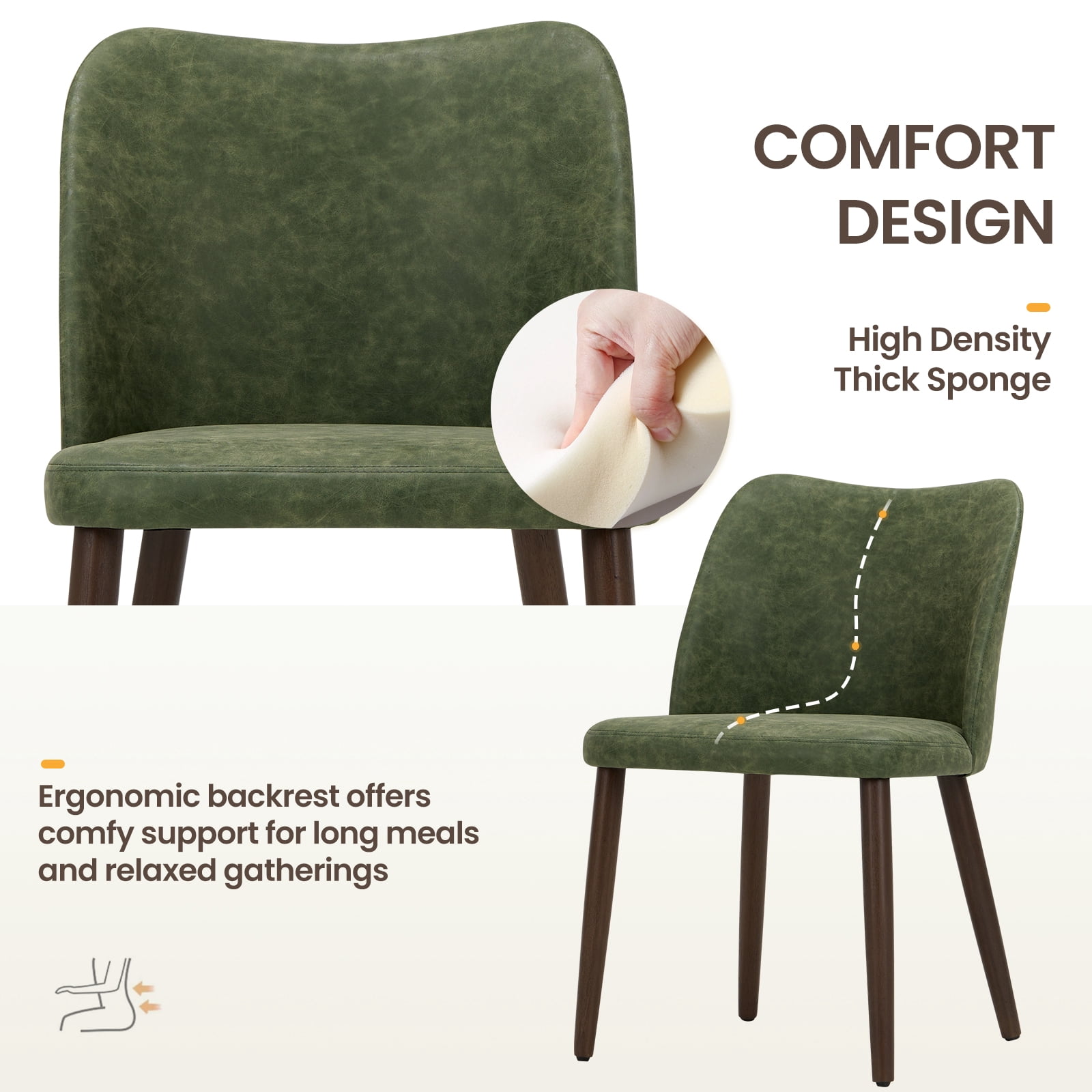 EOP Upholstered Dining Chairs Set of 2, Mid Century Modern Dining Room Chairs, Fabric Farmhouse Dining Side Chairs with Wood Legs, Armless Kitchen Chairs with Wingback, Green