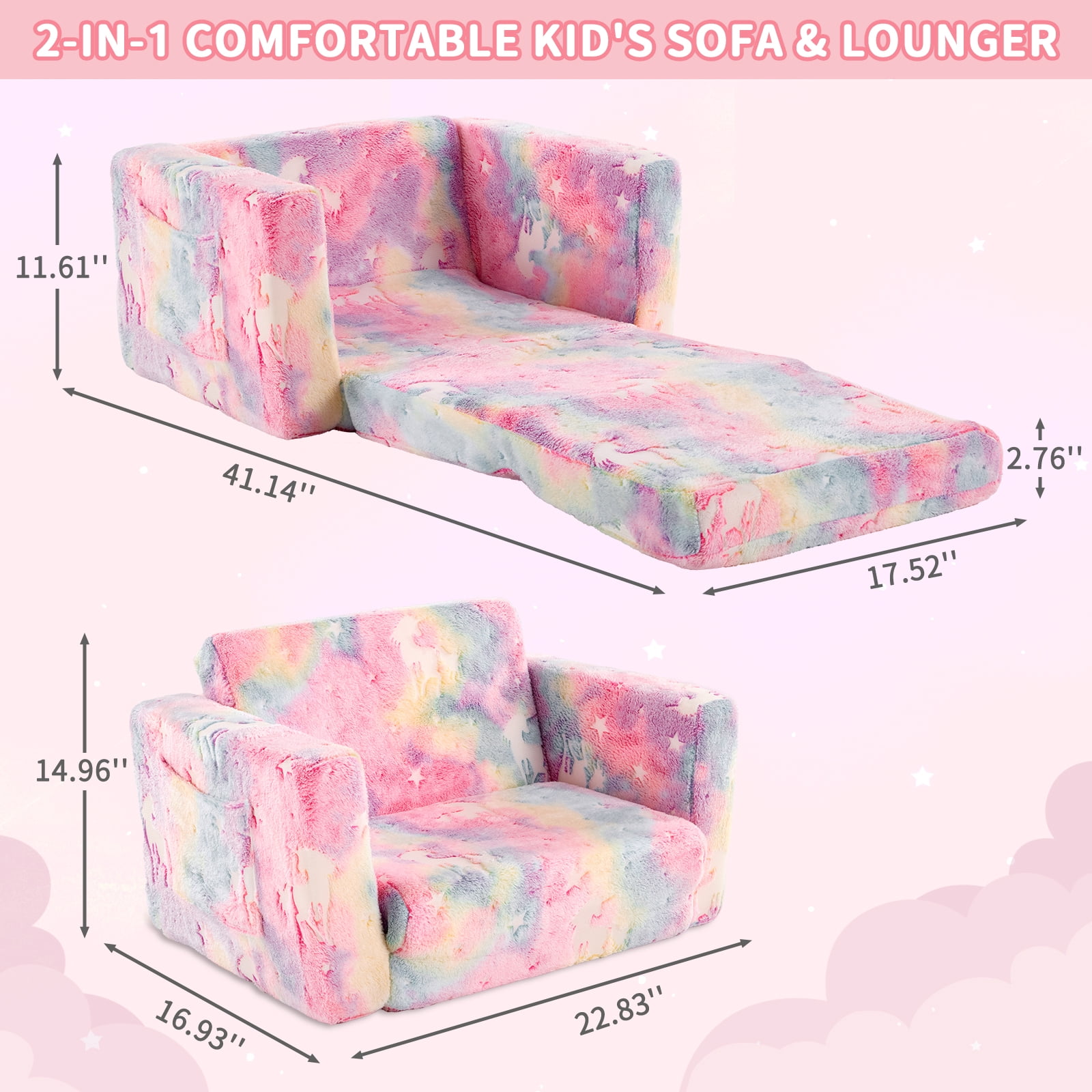 Glow-in-the-Dark Kids Foldable Sofa Bed All-Sponge Single Chaise Lounge Pink Unicorn Flannel