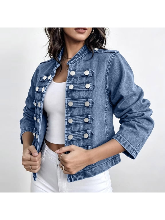 Women's Stand Collar Denim Jacket, Long Sleeve Double Breasted Cropped Jean Coat, Casual Military Style Denim Outerwear for Daily Street Wear 03-Blue XL