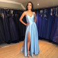 thumbnail image 1 of Vestido de noche azul cielo claro de satén largo con espalda cruzada para mujer, vestido de noche formal para ocasiones especiales, 1 of 1