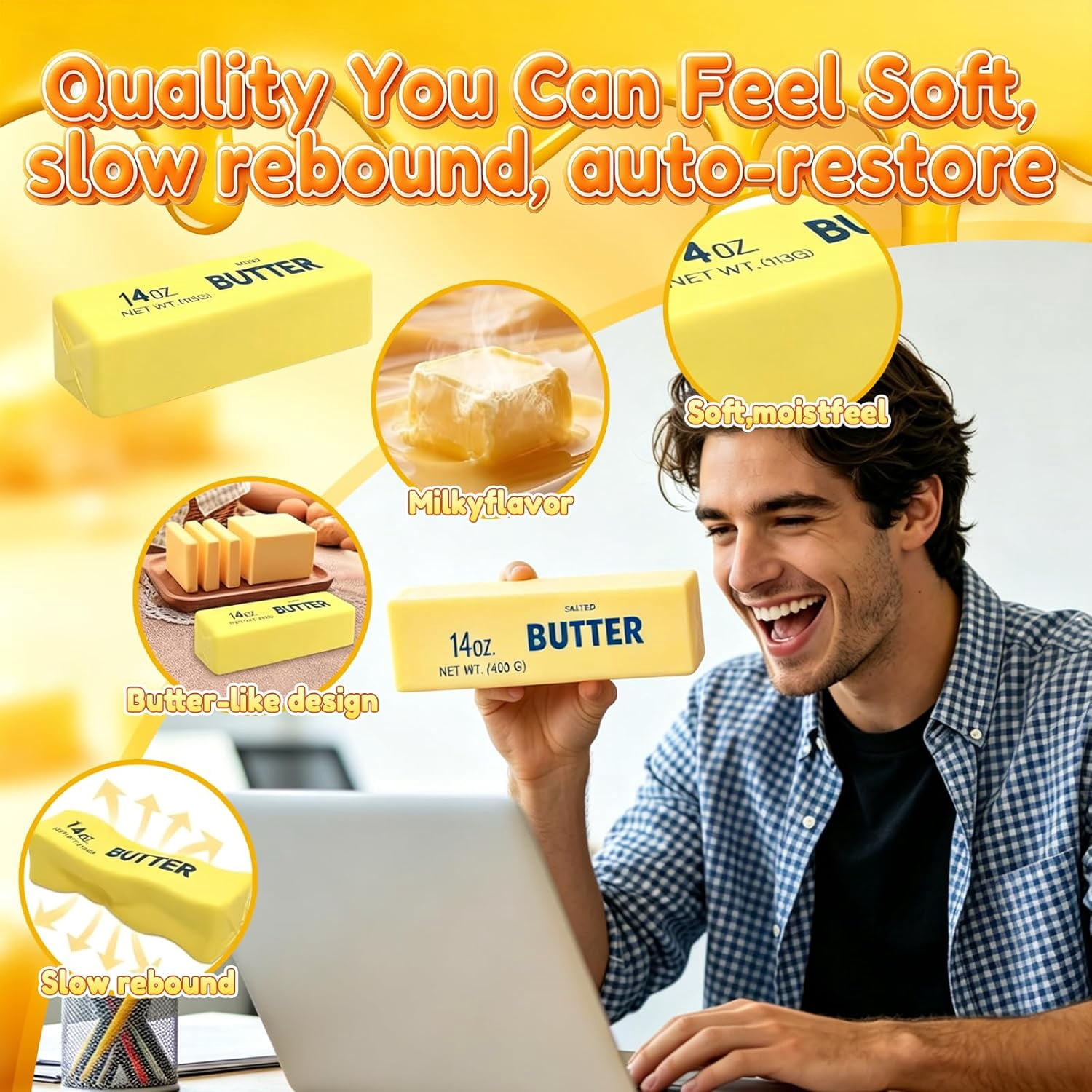Jumbo Butter Squishies 14oz Butter Stick Squishy , Squeezy Butter Shape Stress Ball Slow Rising Food Fidget for Stress Relief & Anxiety Relaxation (9.1 IN)