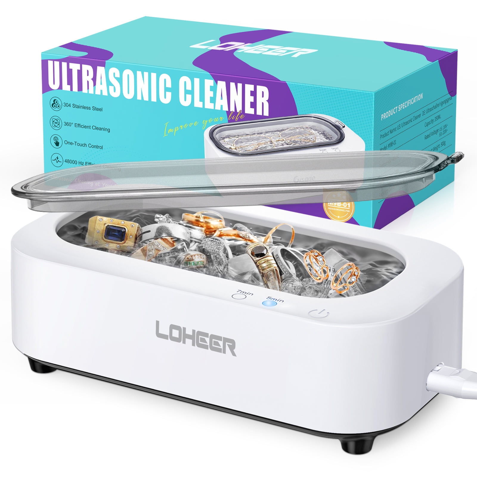 LOHEER Ultrasonic Jewelry Cleaner, 12oz 48Khz Ultrasonic Cleaner 