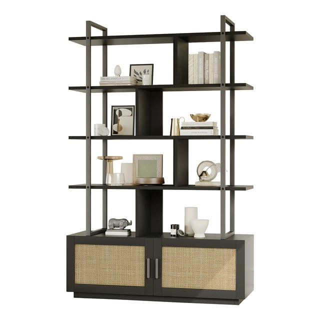 5-Tier Rattan Bookshelf, 71" Tall Open Bookcase with Metal Frame for Living Room, Bedroom & Office