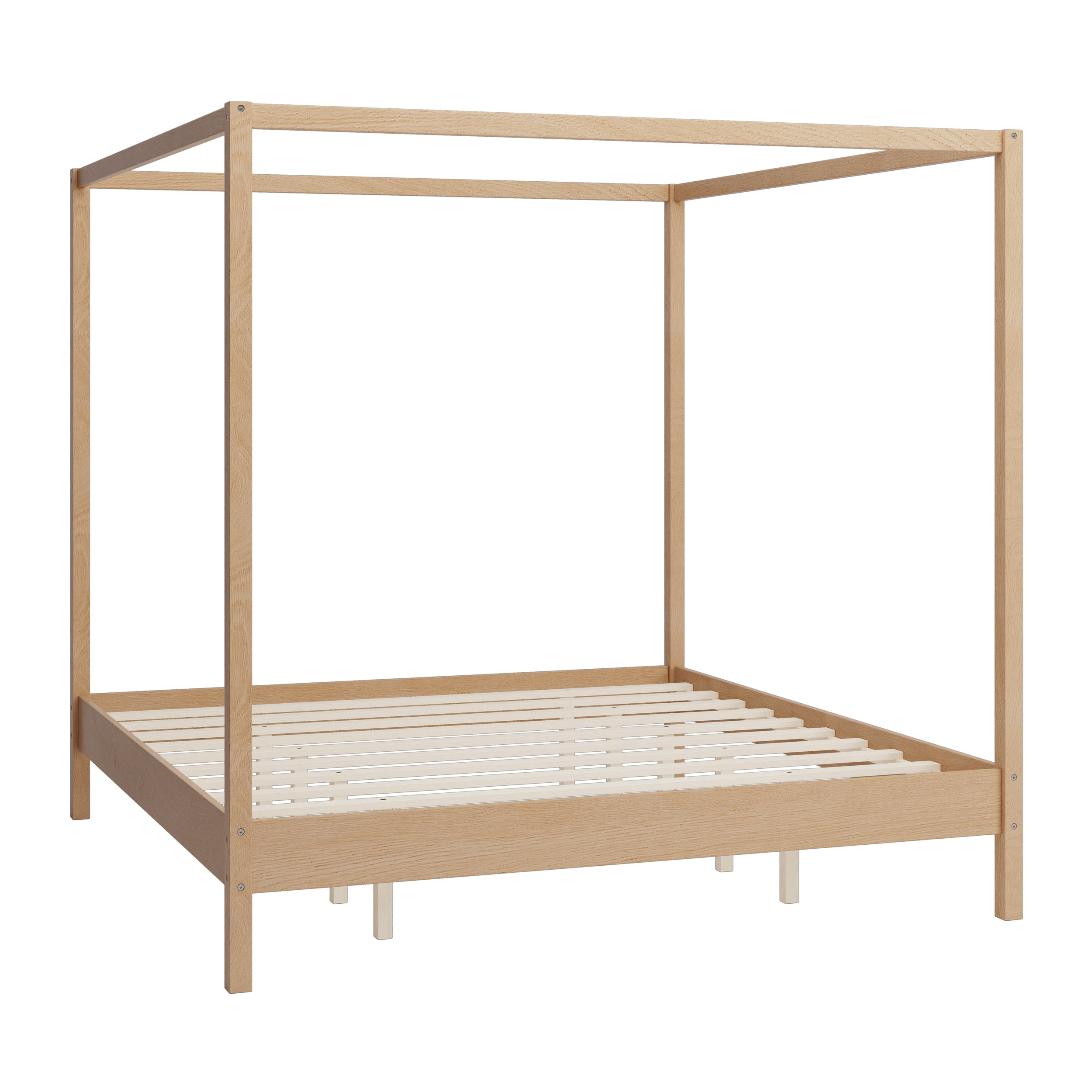 Euroco King Size Canopy Bed, Wood Platform Bed with Four Poster, Natural