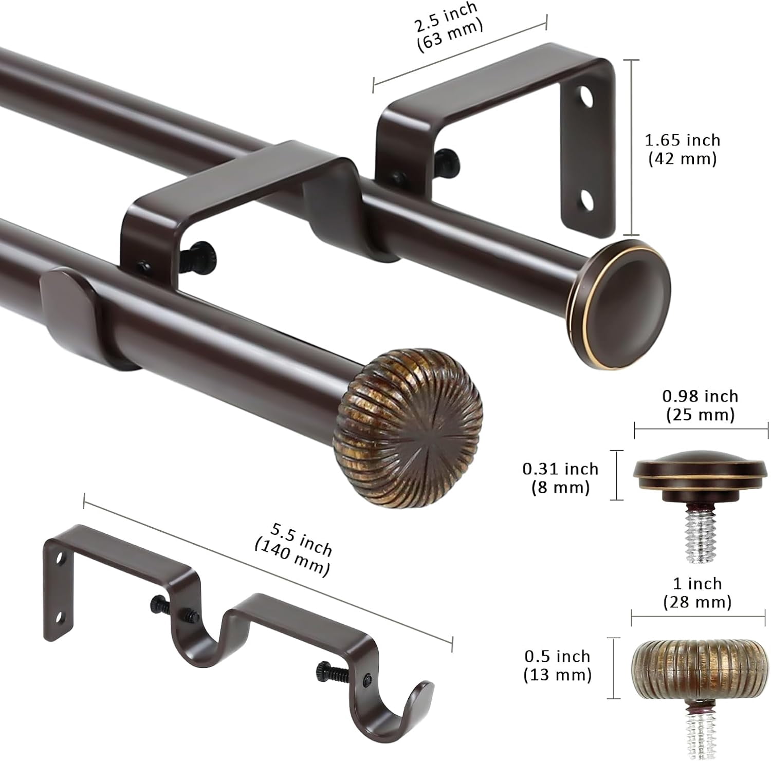 eTeckram 5/8" Double Curtain Rod with Adette Finials,Bronze Gold,48‘’-84‘’