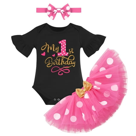 

IBTOM CASTLE Baby Girls 1st Birthday Outfit ONE Party Top Tutu Polka Dots Skirt Cake Smash Princess Dress with Headband 1 Year Black + Hot Pink