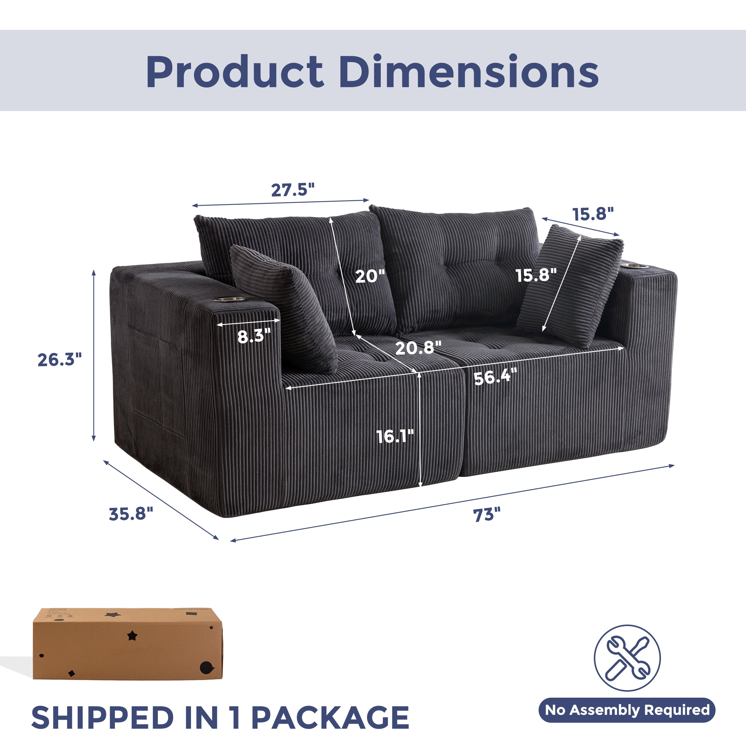 BYBYME Cloud Sectional Couch Loveseat Modern Comfy Modular Corduroy Sofa for Living Room,Tufted 2-Seat Sleeper Chair,Sofa in A Box,No Assembly Required,Grey