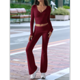 thumbnail image 5 of Women'S Workout 2 Piece Lounge Sets Long Sleeve Tops Foldover Flare Pants Casual Outfits Tracksuit Claret XL, 5 of 7