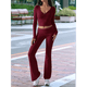 thumbnail image 5 of Conjunto Deportivo de 2 Piezas para Mujer, Camiseta de Larga, Pantalones Acampanados, Chándal Informal, Color Vino Tinto, Talla XL, 5 of 8