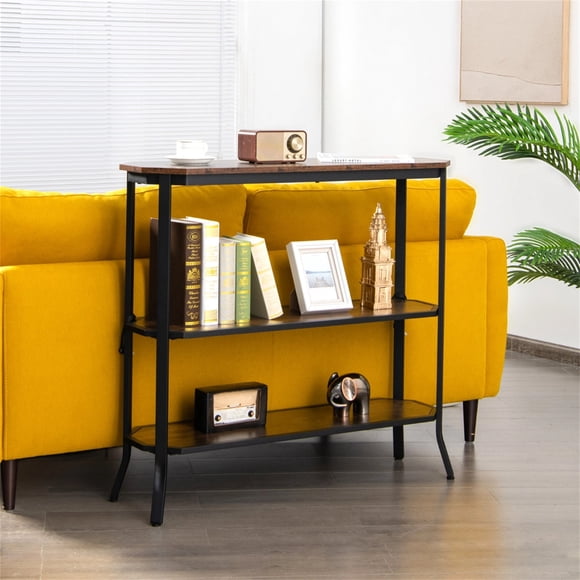 Costway Mesa Industrial 3 Niveles Mesita de Sofá Estrecha y Larga Estantes Abiertos Consola para Entrada Pasillo Salón 98 cm x 28 cm x 91,5 cm Marrón