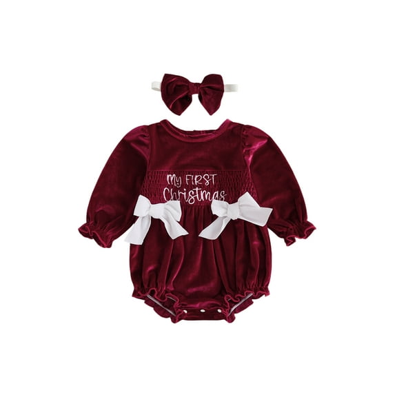 Gzhioc Infant Baby Girl Christmas Fall Romper 0 3 6 12 18 Months Letter Embroidery Long Sleeve Velvet Romper Bow Headband 2 Piece Set