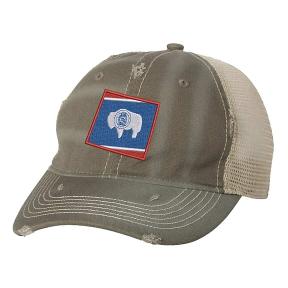 Wyoming Flag Hat - Distressed State Design - Vintage Cowboy State Trucker Strapback Cap (Olive)