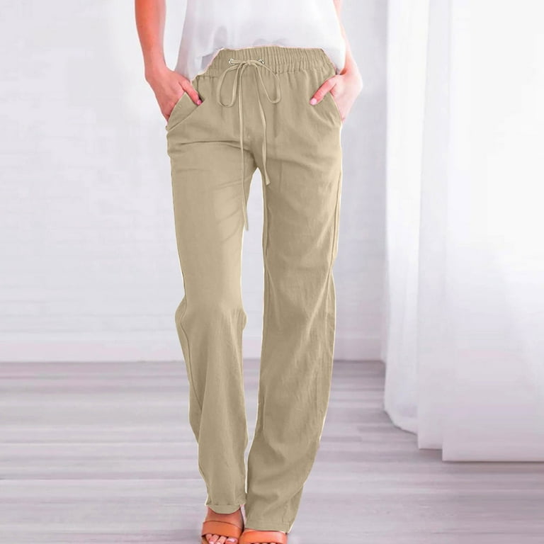 Cargo Pants Women High Waisted Wide Leg Casual Drawstring Elastic Trousers  Comfy Straight Long With Pockets Beige XL