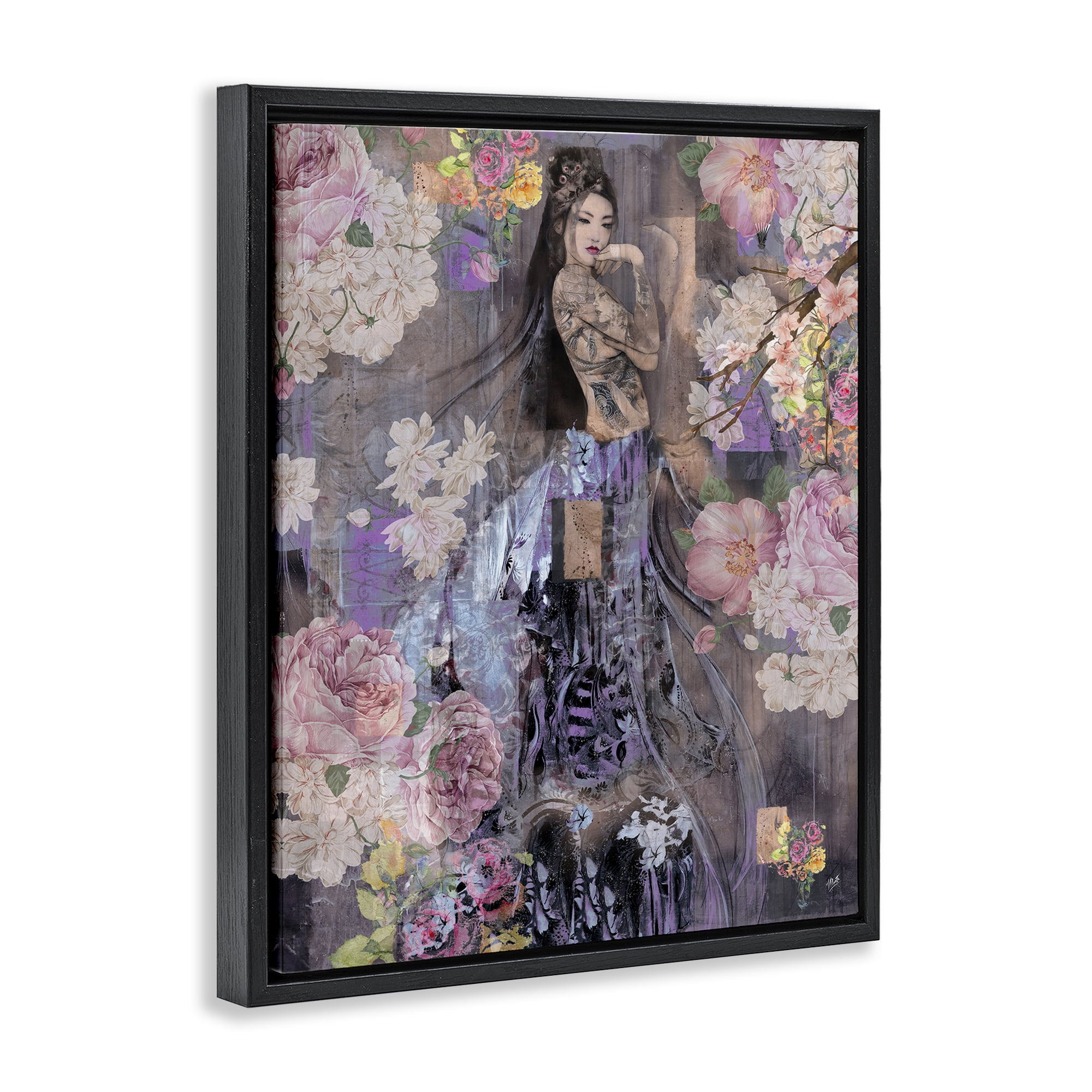 Stupell Industries Expressive Flowers & Woman People Painting Black Floater Framed Canvas Art Print Wall Art, 17 x 21