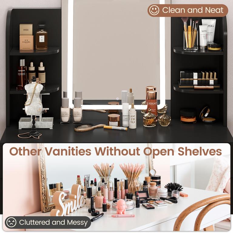 Lacoo Vanity Set with Mirror, Makeup Vanity with LED Light, Storage Drawers & Shelves, Vanity Desk for Bedroom Dressing Room, Black