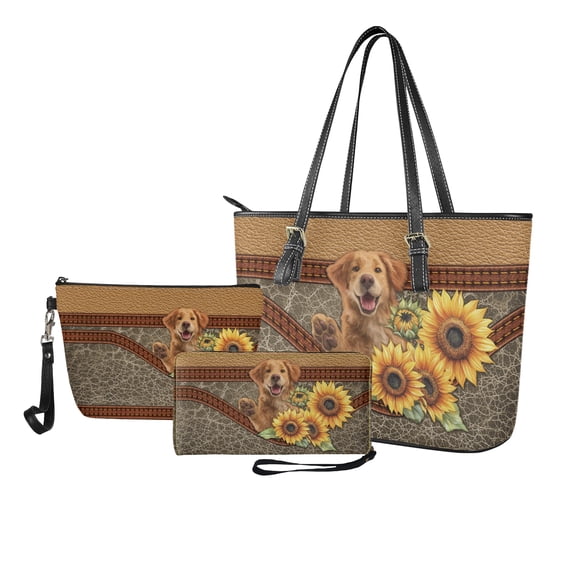 ZUXONGSY Leather Golden Retriever Sunflower Print Top Handle Bag with Fashion Cosmetic Bags Purse for Women PU Leather Top Handle Satchel Set with Lightweight Makeup Pouch Card Holder