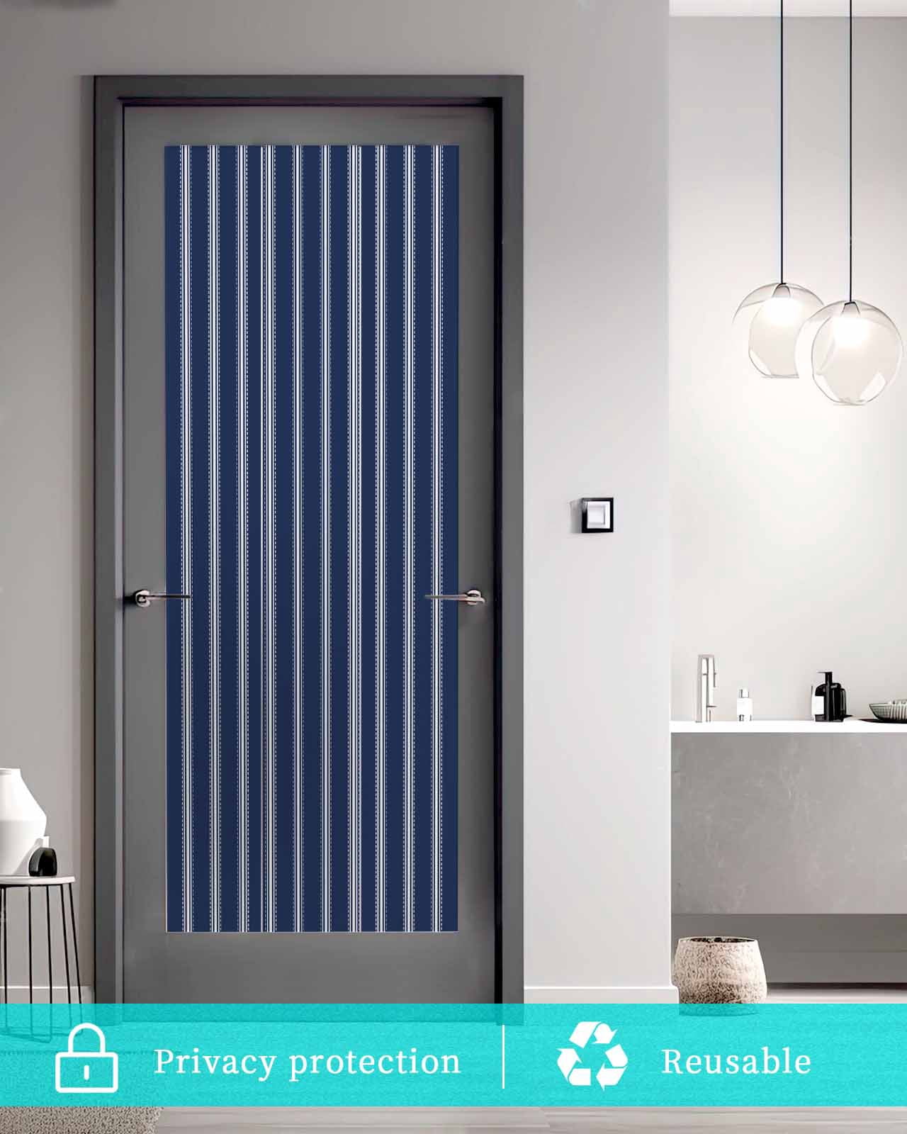 Window Privacy Film,Navy Blue White Stripes Sun Blocking Window Tint Film Heat Control One Way Blackout Window Film,Geometric Vertical Linens Modern Minimalism Non Adhesive Static Cling 29.5x78.7 In