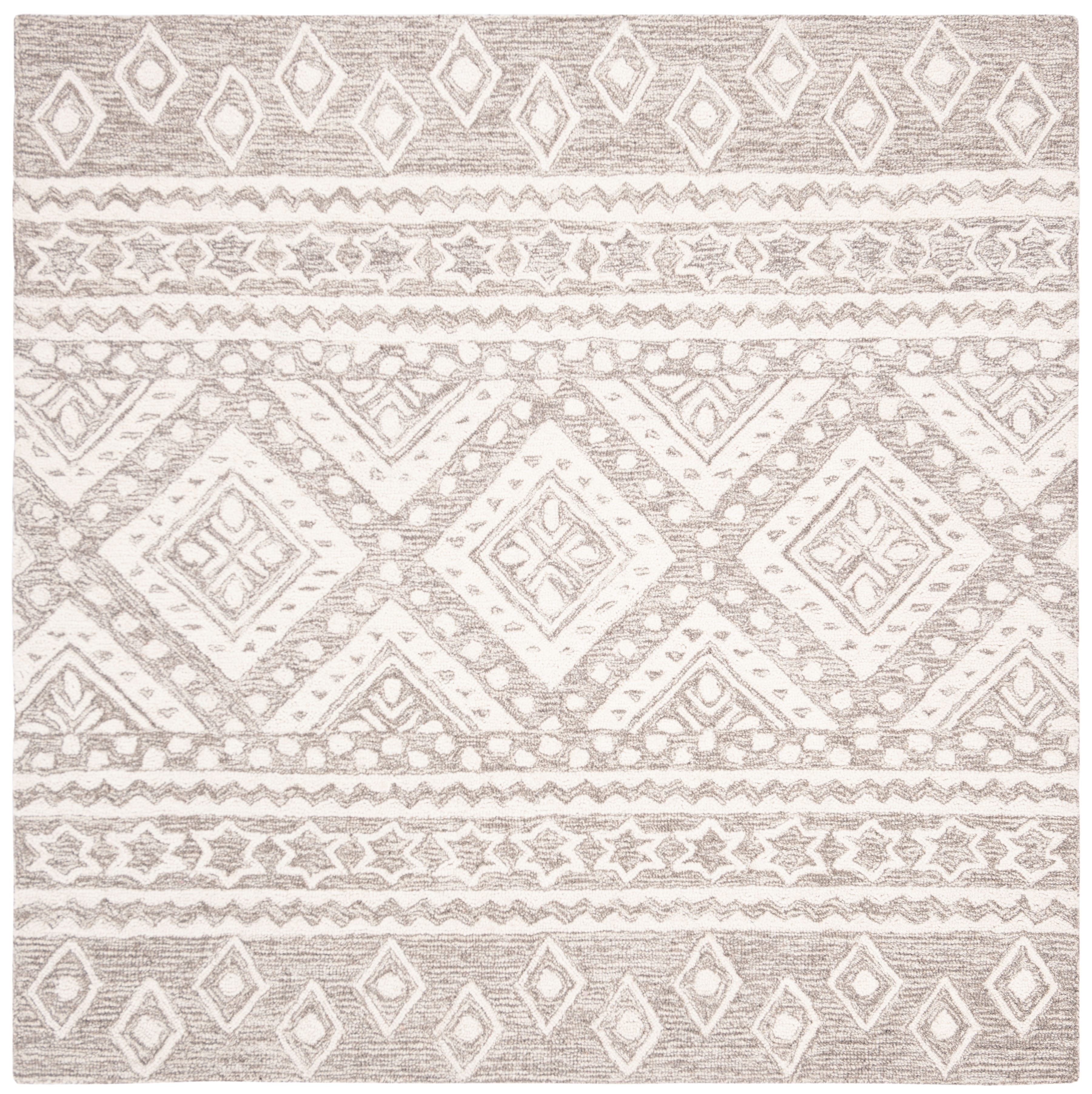 SAFAVIEH Micro-Loop Regis Geometric Aztec Wool Area Rug, Grey/Ivory, 5' x 5' Square